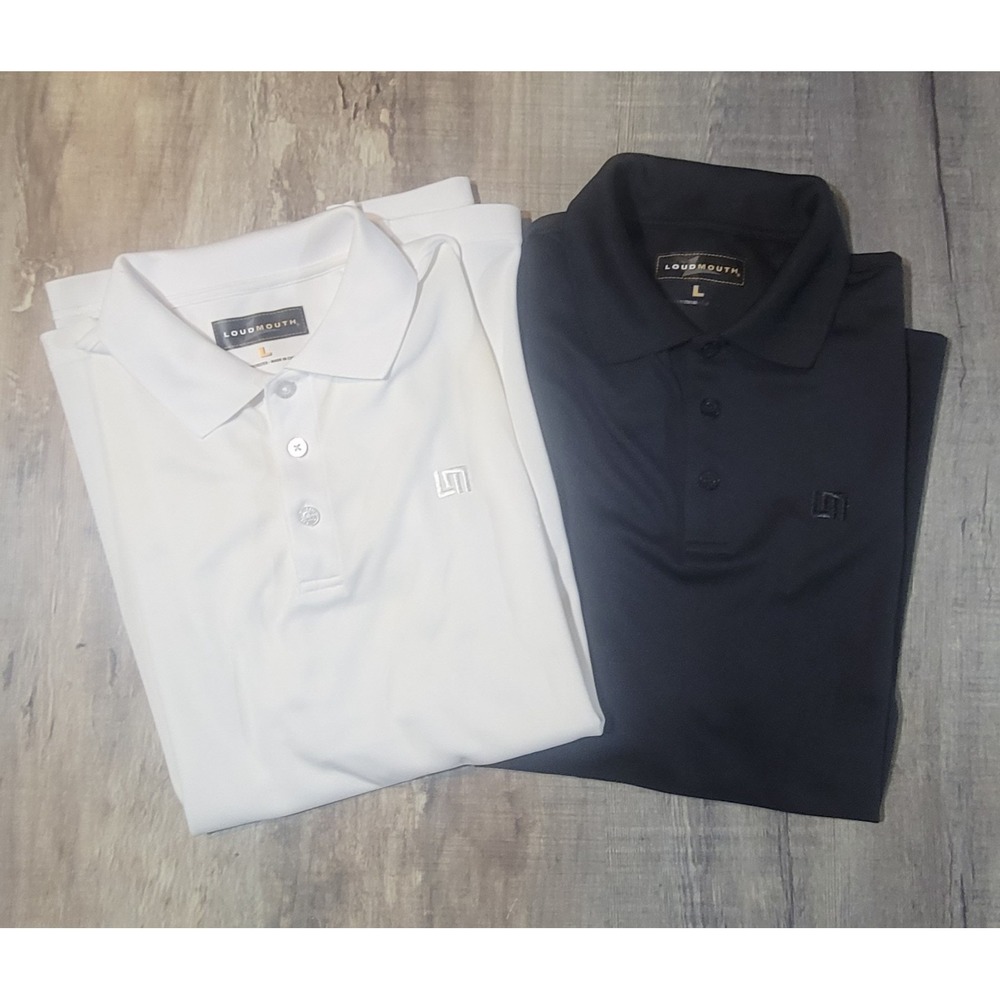 2 Loudmouth Golf Mens Large Essential Black White Solid Polo Shirt Lot